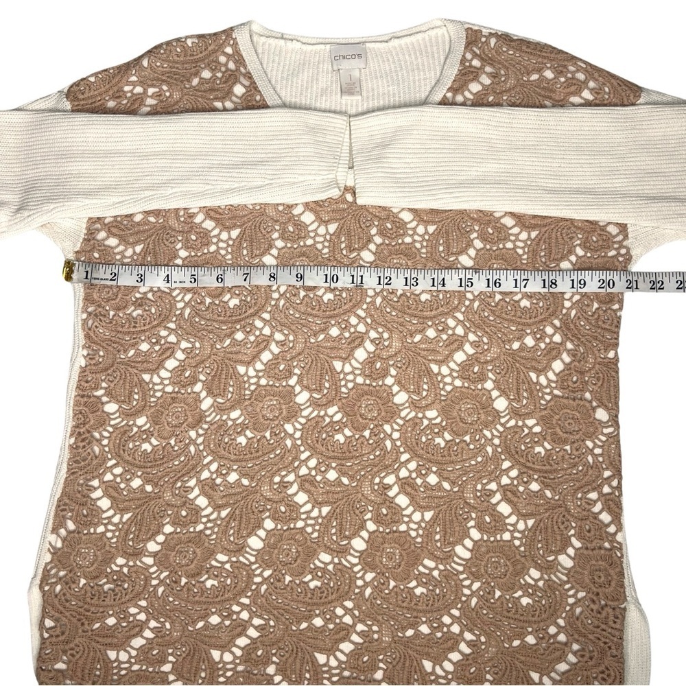 Chico’s Sweater Christina Lace Front Pullover Ecru Ivory Tan 8 Medium M - Picture 8 of 12